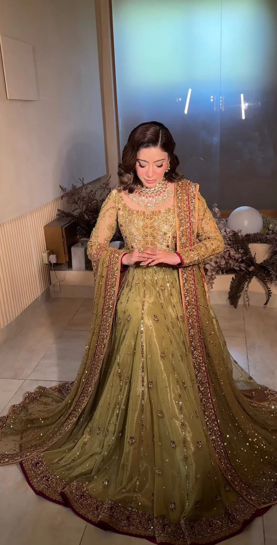Pistachio green formal outfit with intricate embroidery by Haris Shakeel
Elegant pistachio color Pakistani designer dress with dupatta