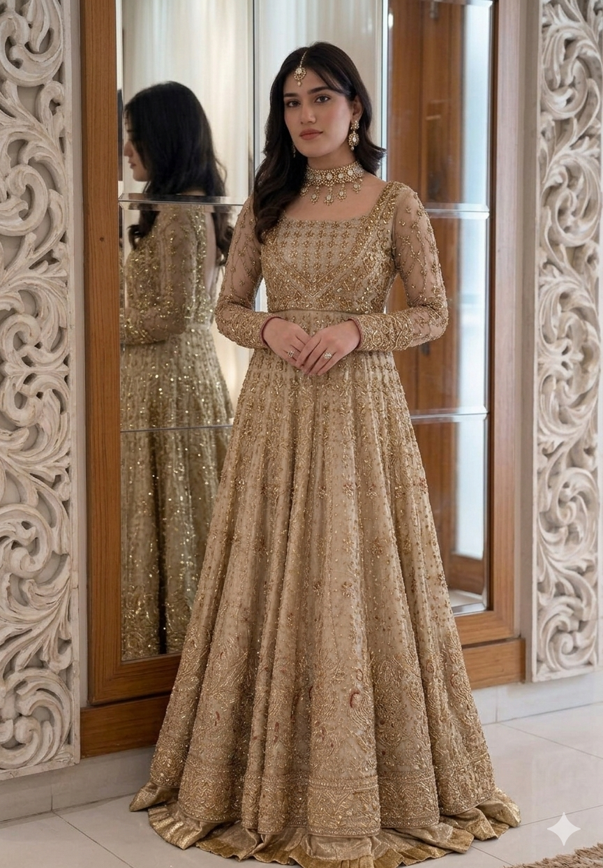 Haris Shakeel gold bridal dress closeup view with intricate embroidery and embellishments