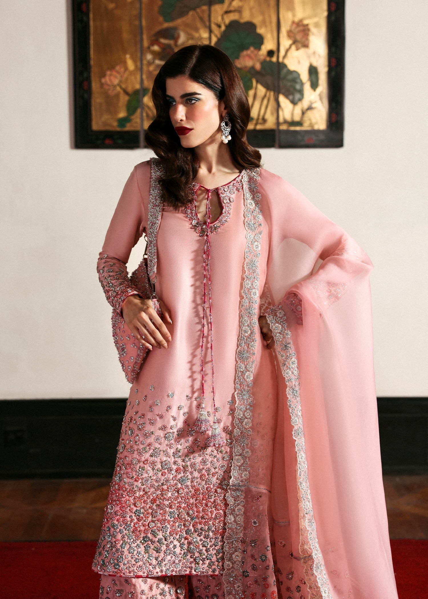 Full embroidery view of Hussain Rehar Evara blush pink raw silk shirt with intricate floral design