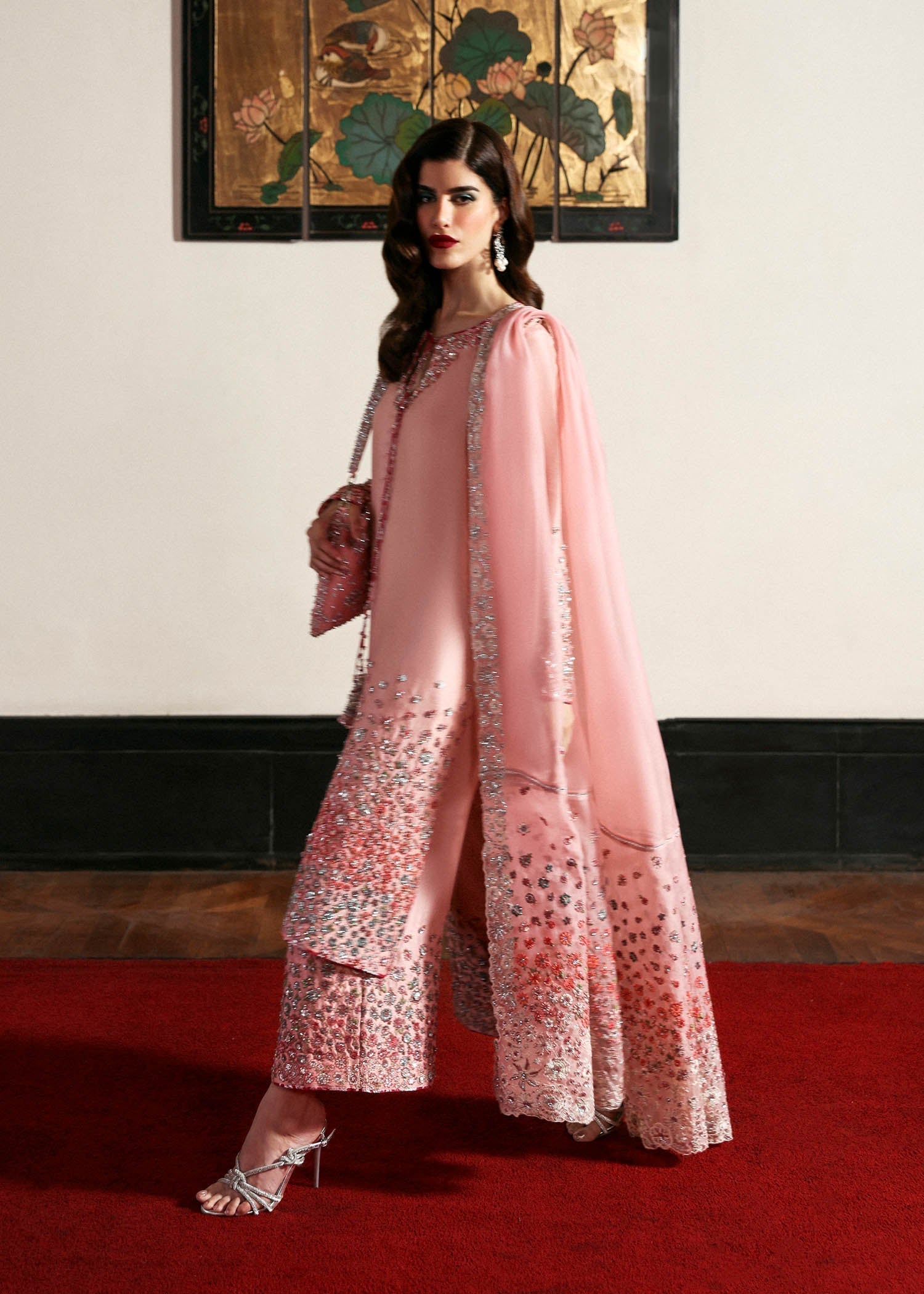 Side view of Hussain Rehar Evara blush pink luxury pret suit showing elegant silhouette