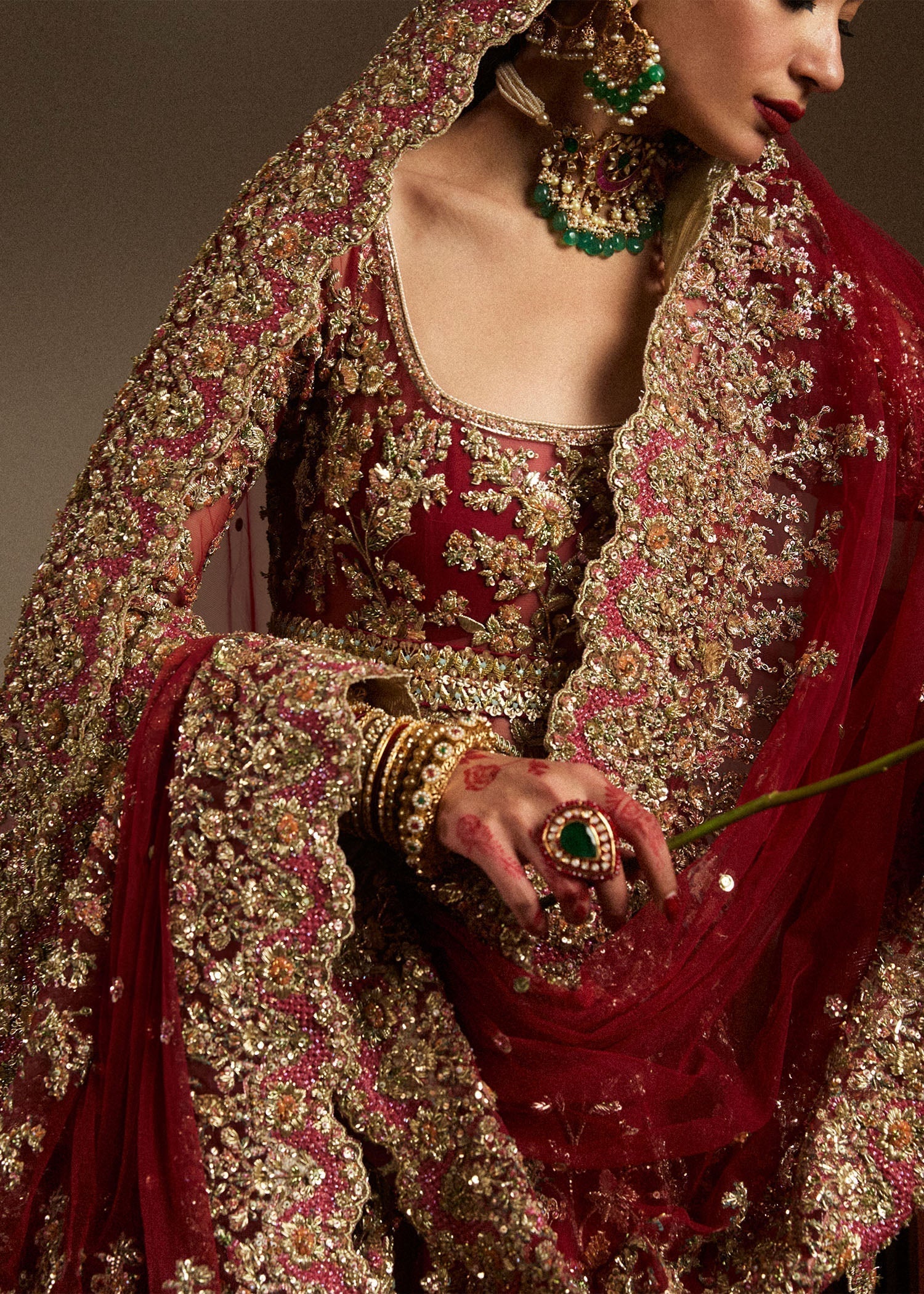 Close up of hand embellished gotta tilla and cut dana work on Qashqaye Hussain Rehar