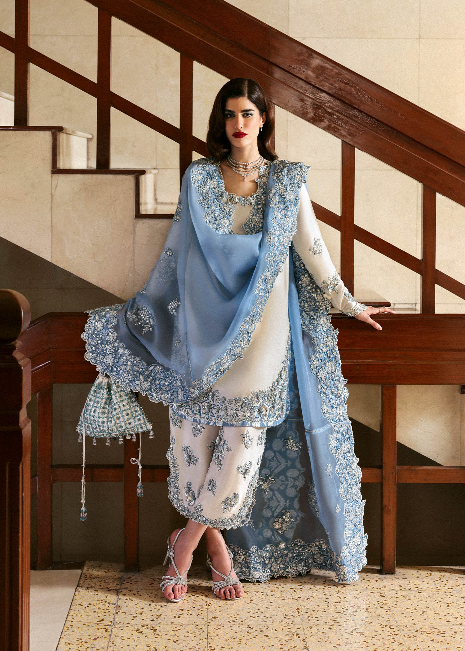 Virelle formal dress with organza dupatta floral embroidery close up
Premium Hussain Rehar Virelle outfit detailed cutwork and embellishments
Elegant Virelle formal suit ensemble full look