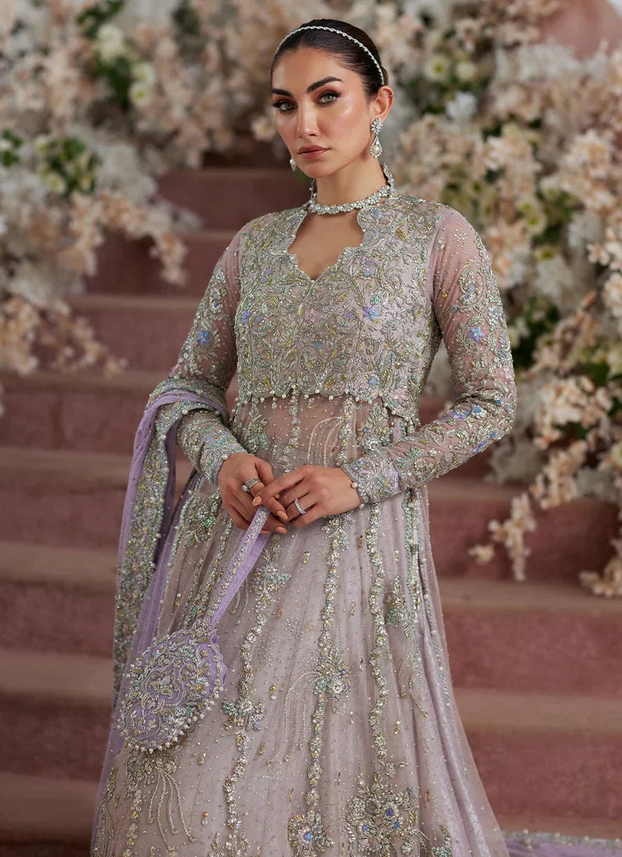 Close up of kora dabka and resham embroidery on lilac bridal shirt