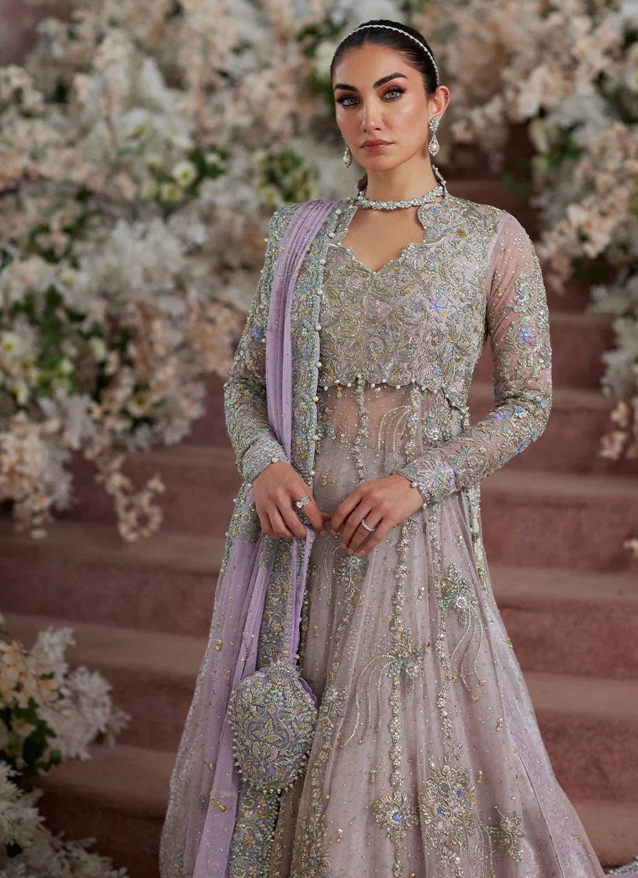 Full length view of pastel lilac bridal lehenga choli
