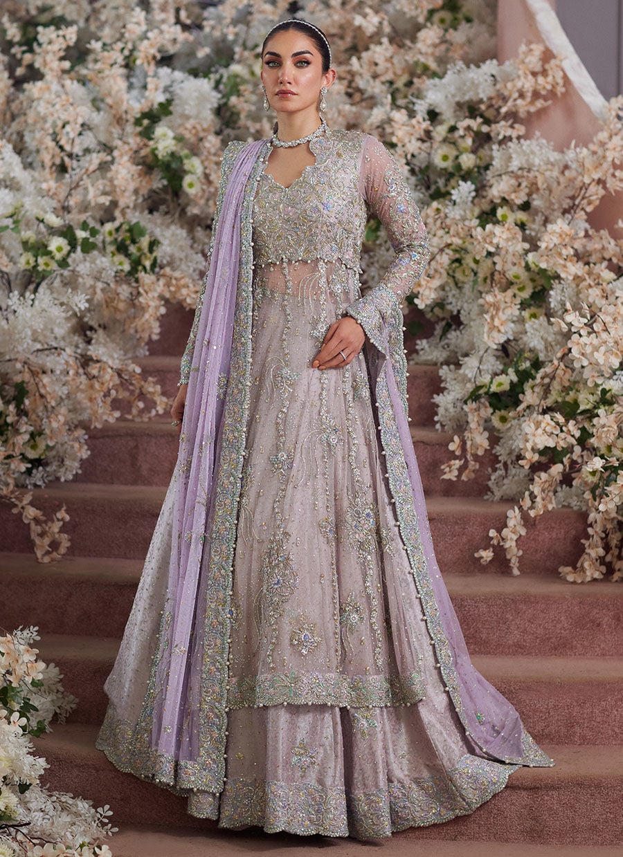 Luxury lilac bridal lehenga full front view with intricate kora dabka and nakshi work