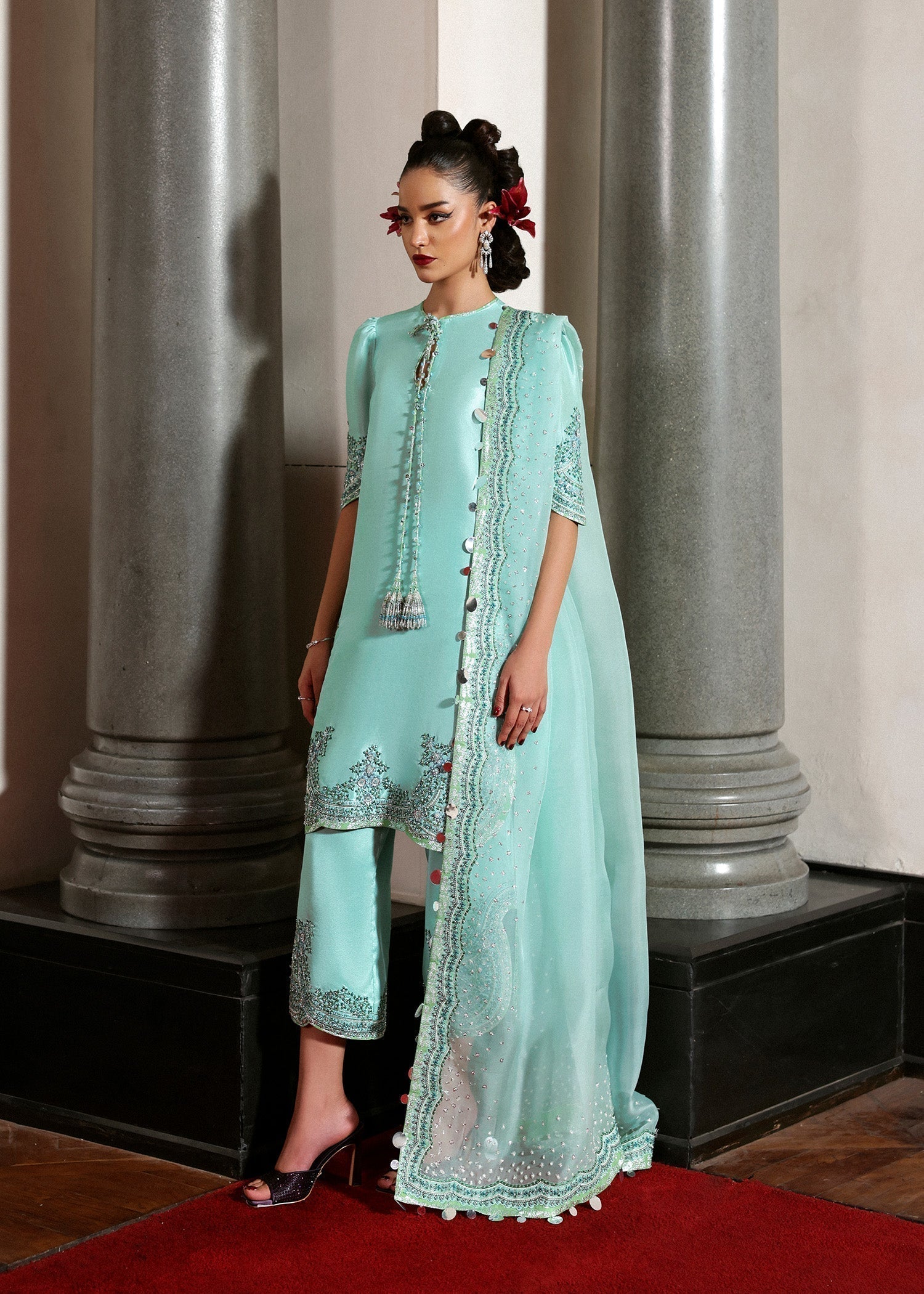 Luxury Hussain Rehar Mynt outfit close up embellishment and tassels
Formal pastel mint blue dress with organza dupatta full look