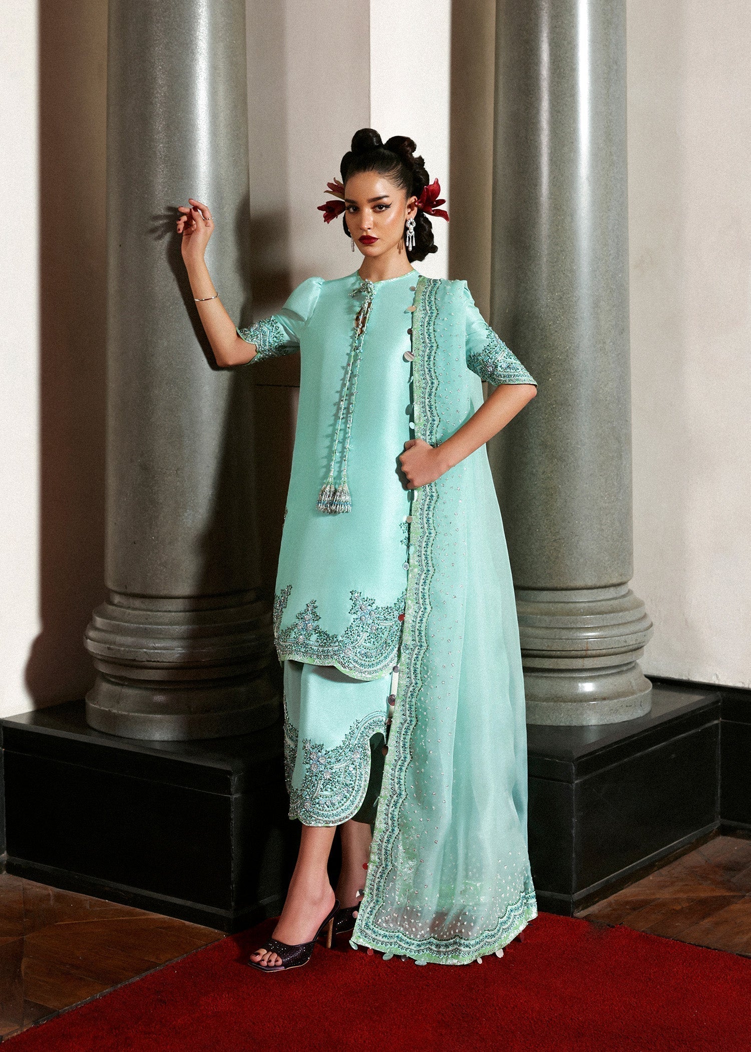 Luxury Hussain Rehar Mynt outfit close up embellishment and tassels
Formal pastel mint blue dress with organza dupatta full look