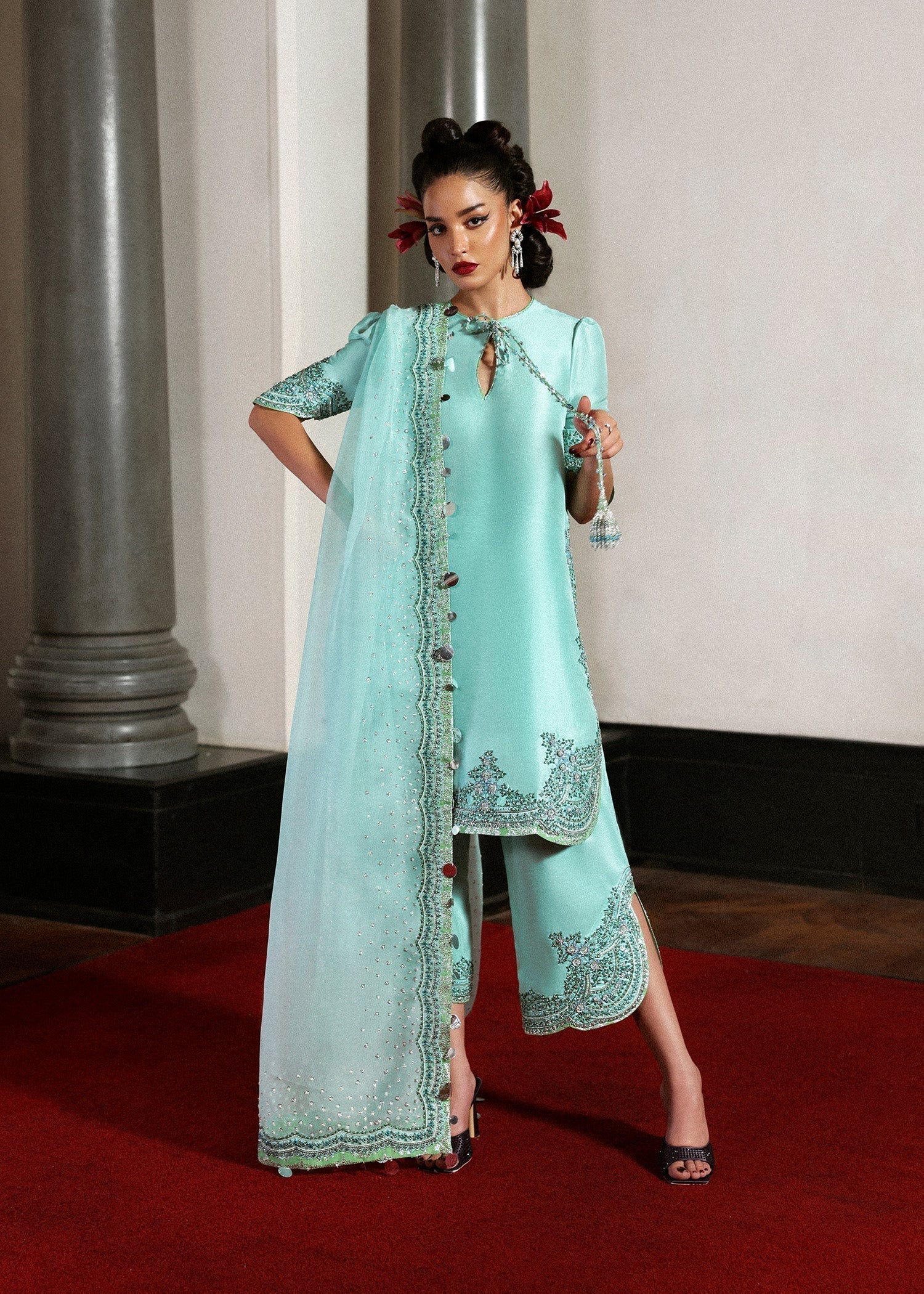 Luxury Hussain Rehar Mynt outfit close up embellishment and tassels
Formal pastel mint blue dress with organza dupatta full look