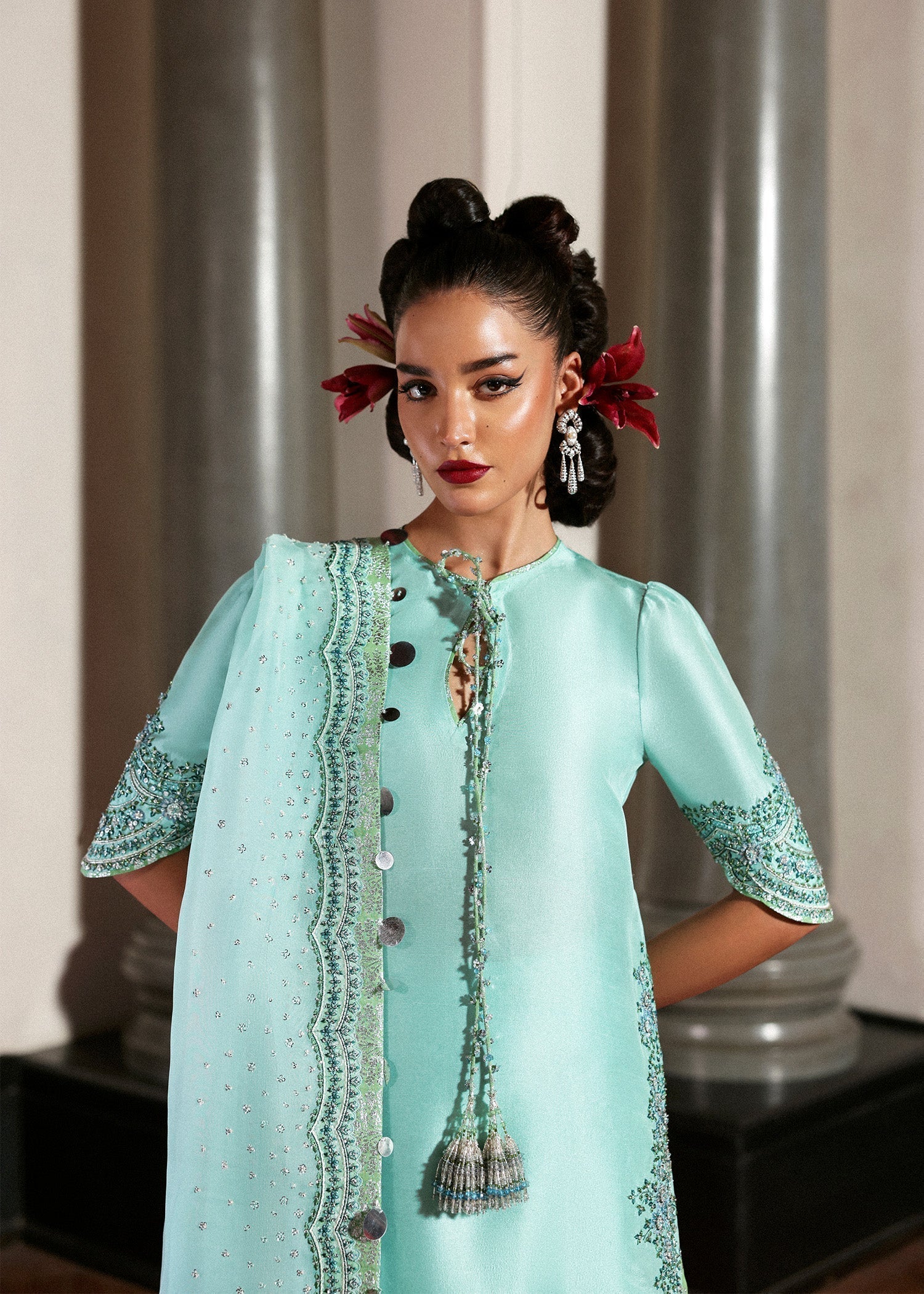 Luxury Hussain Rehar Mynt outfit close up embellishment and tassels
Formal pastel mint blue dress with organza dupatta full look