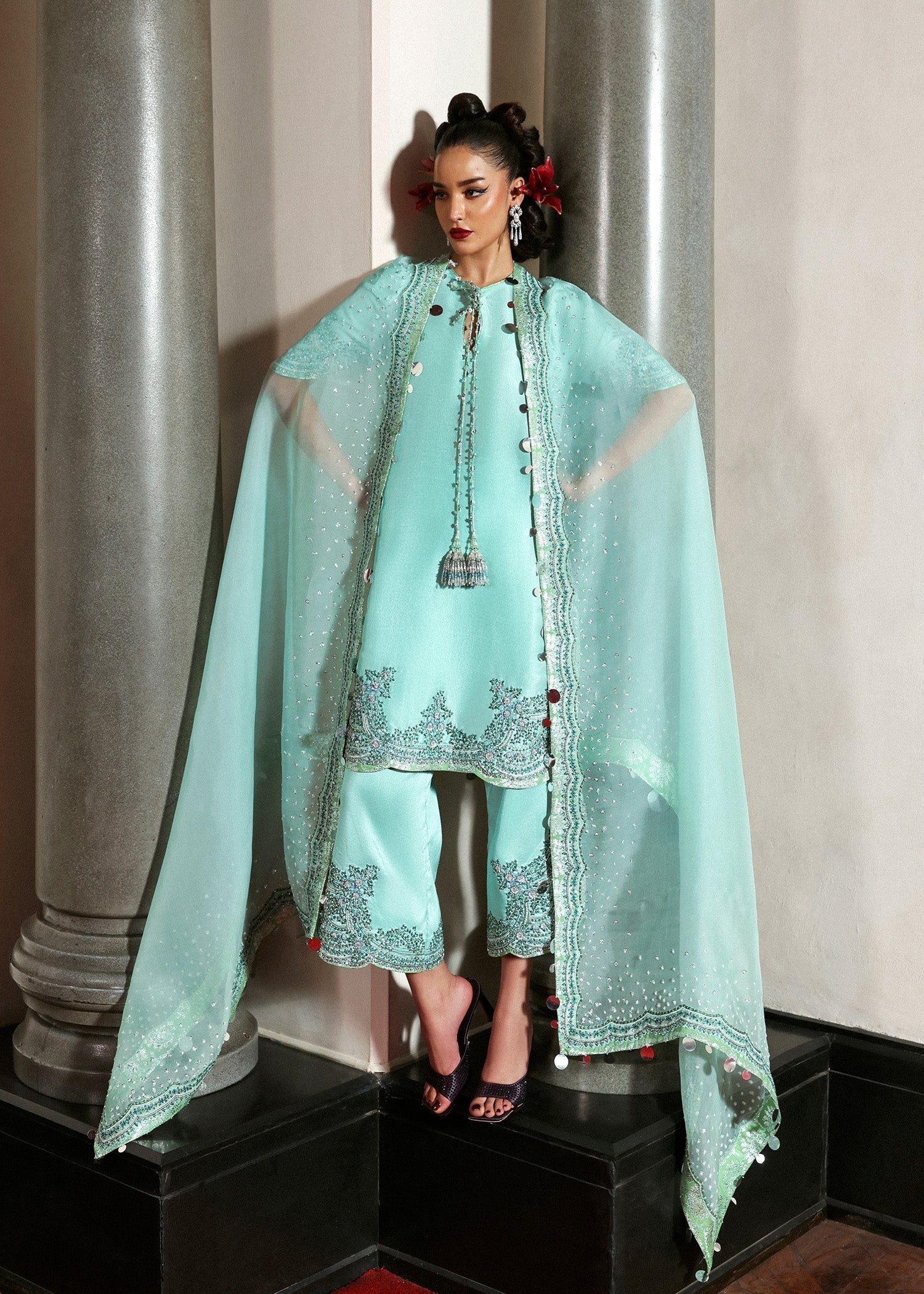 Luxury Hussain Rehar Mynt outfit close up embellishment and tassels
Formal pastel mint blue dress with organza dupatta full look
