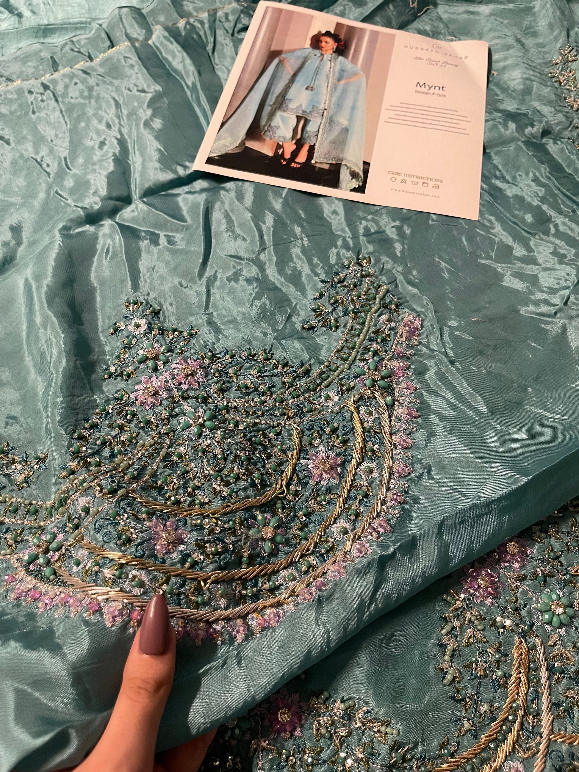 Luxury Hussain Rehar Mynt outfit close up embellishment and tassels
Formal pastel mint blue dress with organza dupatta full look