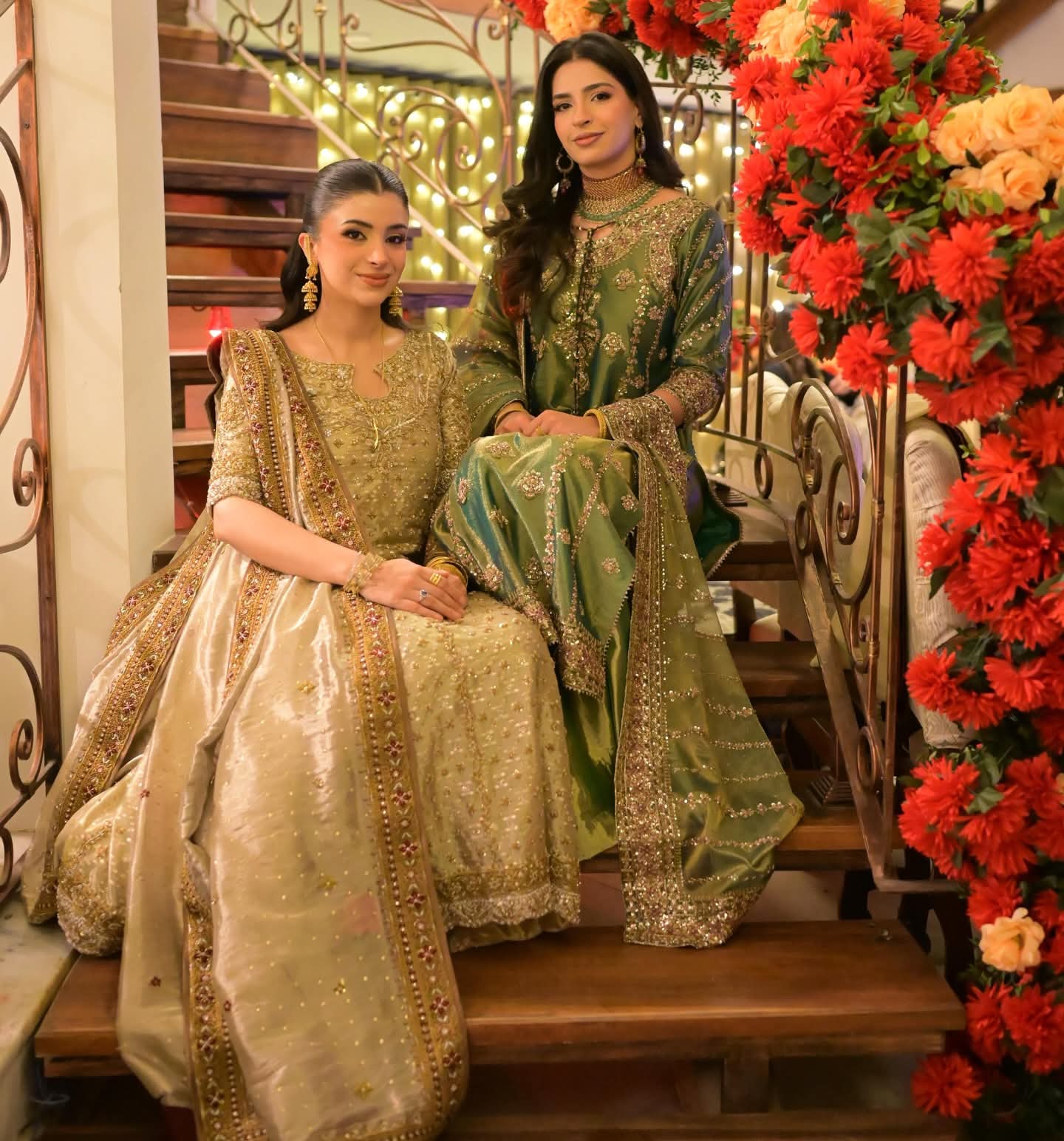 Detailed dupatta view of Nooré Champagne Royale by Bisma Noor featuring intricate embroidered borders, shimmering embellishments, and luxurious champagne gold craftsmanship