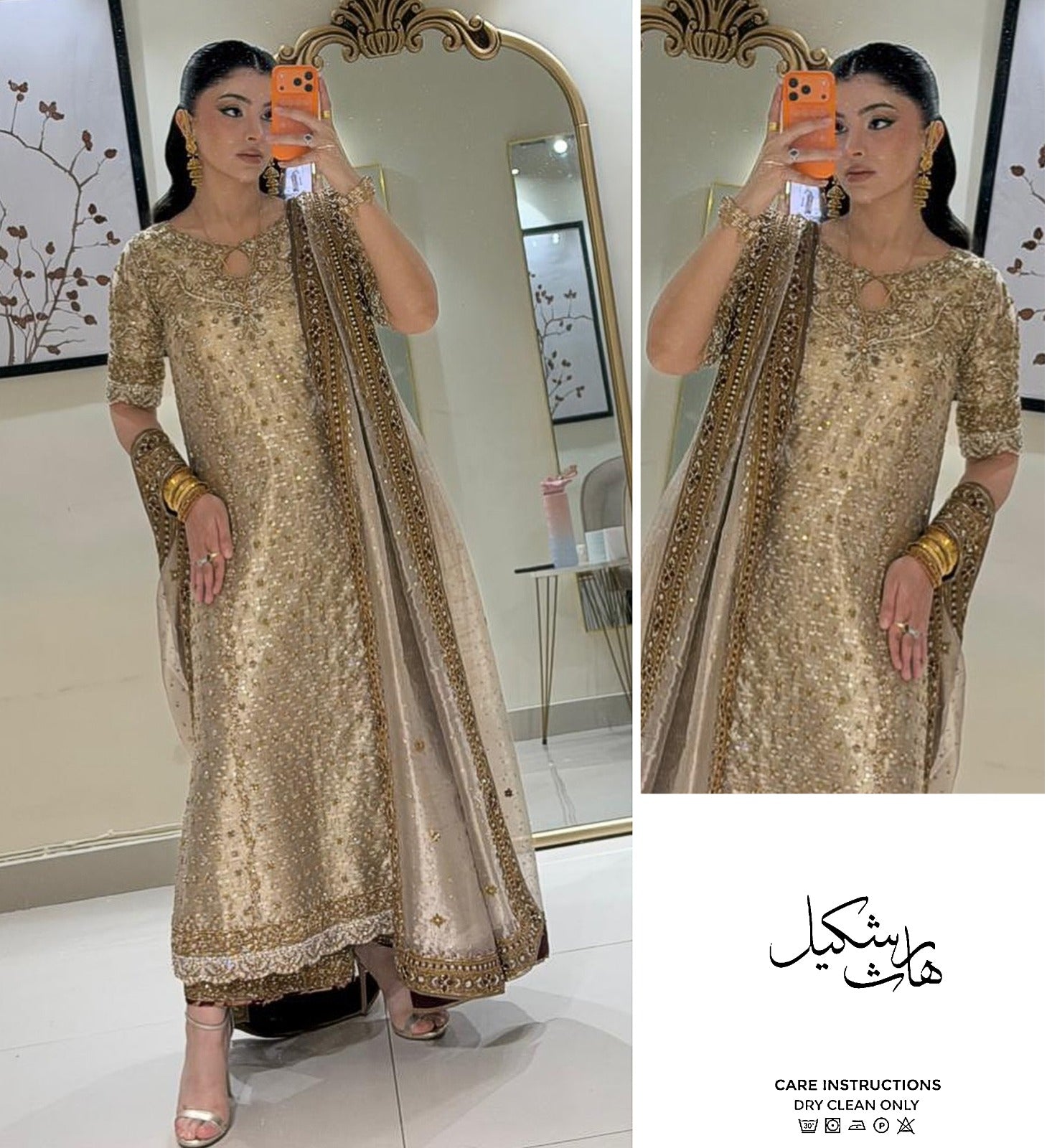 Full close view of Nooré Champagne Royale by Bisma Noor showcasing intricate hand embellishments, champagne gold zari embroidery, sequins, crystals, and luxurious formal detailing