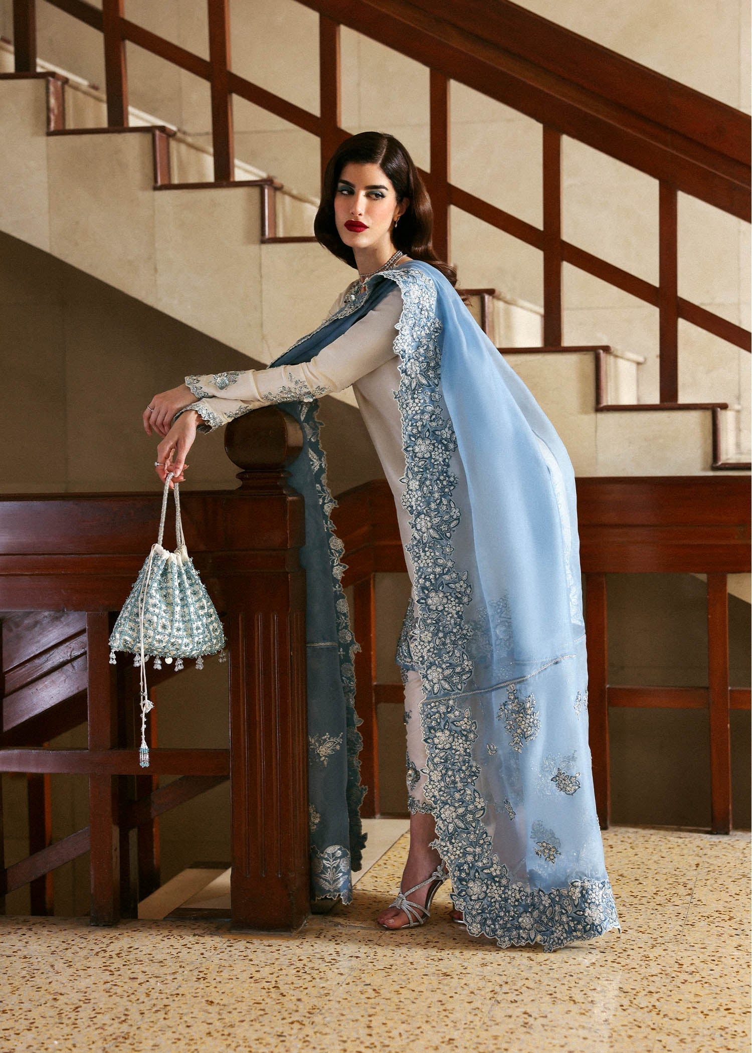 Virelle formal dress with organza dupatta floral embroidery close up
Premium Hussain Rehar Virelle outfit detailed cutwork and embellishments
Elegant Virelle formal suit ensemble full look
