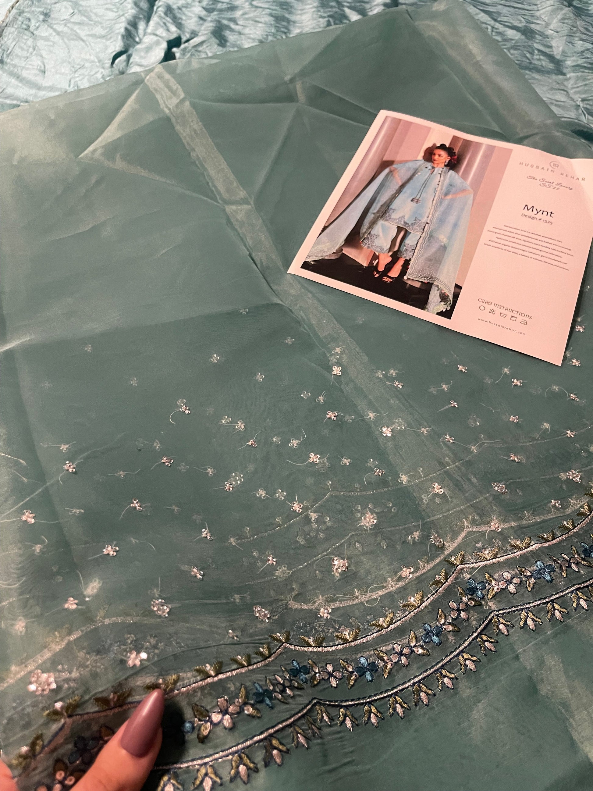 Luxury Hussain Rehar Mynt outfit close up embellishment and tassels
Formal pastel mint blue dress with organza dupatta full look