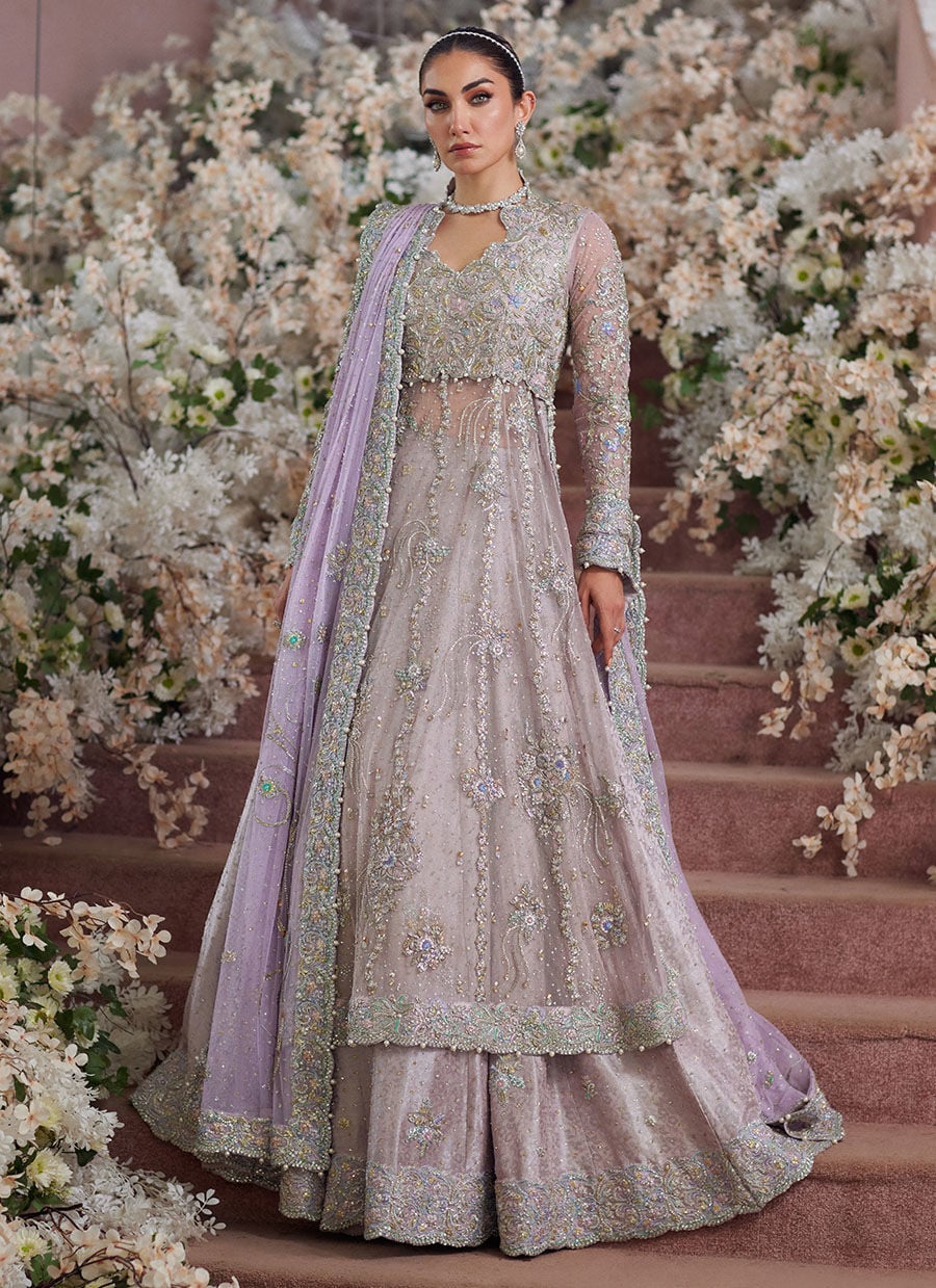 Pakistani lilac bridal dress full front view with luxury hand embroidery and lehenga