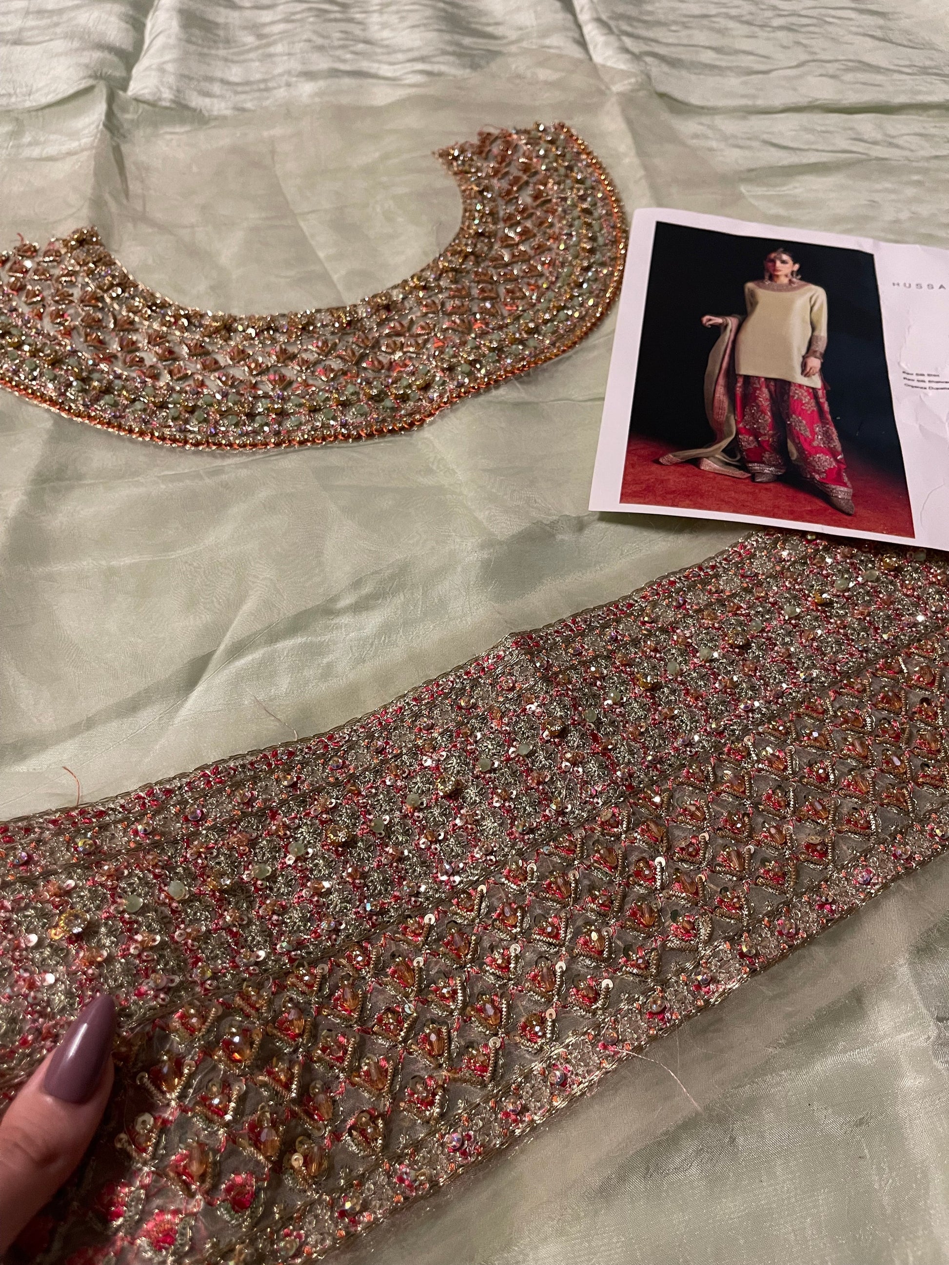 Detailed neckline embroidery with mukaish and sequins on pistachio dress