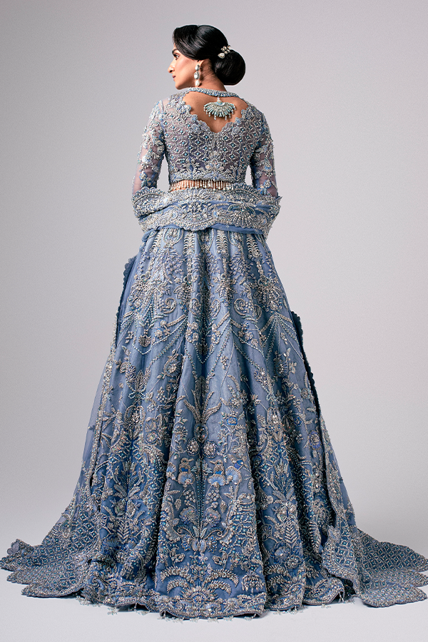 Aarzu Nyra Couture bridal outfit heavy resham naqshi and dabka embroidery
Elegant wedding lehenga choli sky blue with pearls and sequin detailing
Premium bridal ensemble full look Aarzu The Nyra Couture