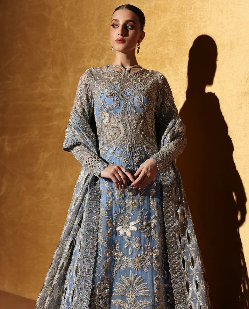 Full front view of Seralyn by Soraya luxury formal outfit with dupatta draped on shoulders and clear embellished shirt design