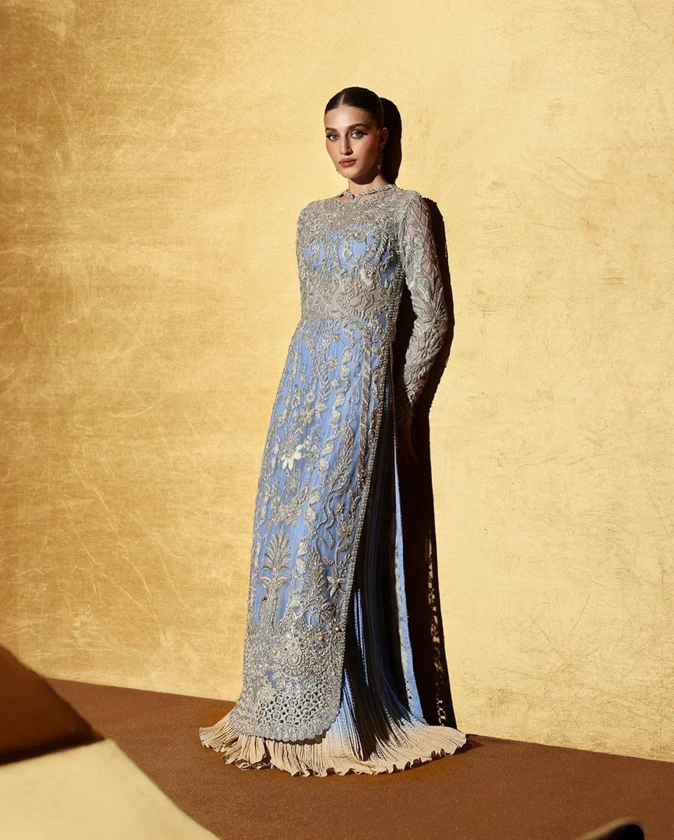Full front view of Seralyn by Soraya luxury formal outfit showing complete look till feet with detailed hand embellished shirt embroidery