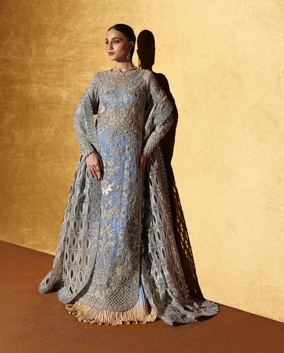 Model wearing Seralyn by Soraya ombre crushed pants embellished formal outfit full view