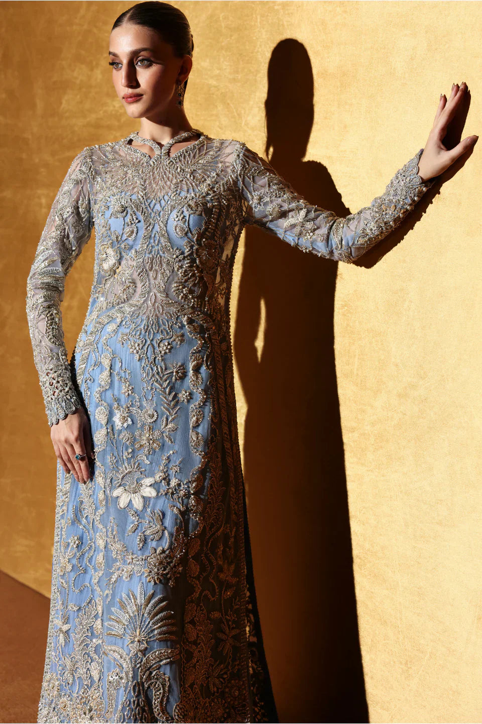 Side view of Seralyn by Soraya luxury formal outfit featuring ombre crushed pants and hand embellished shirt
