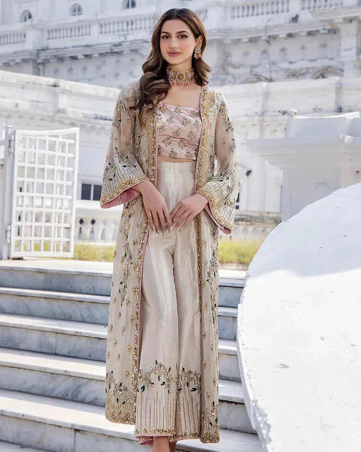 model wearing shano embroidered 3 piece formal suit full front view