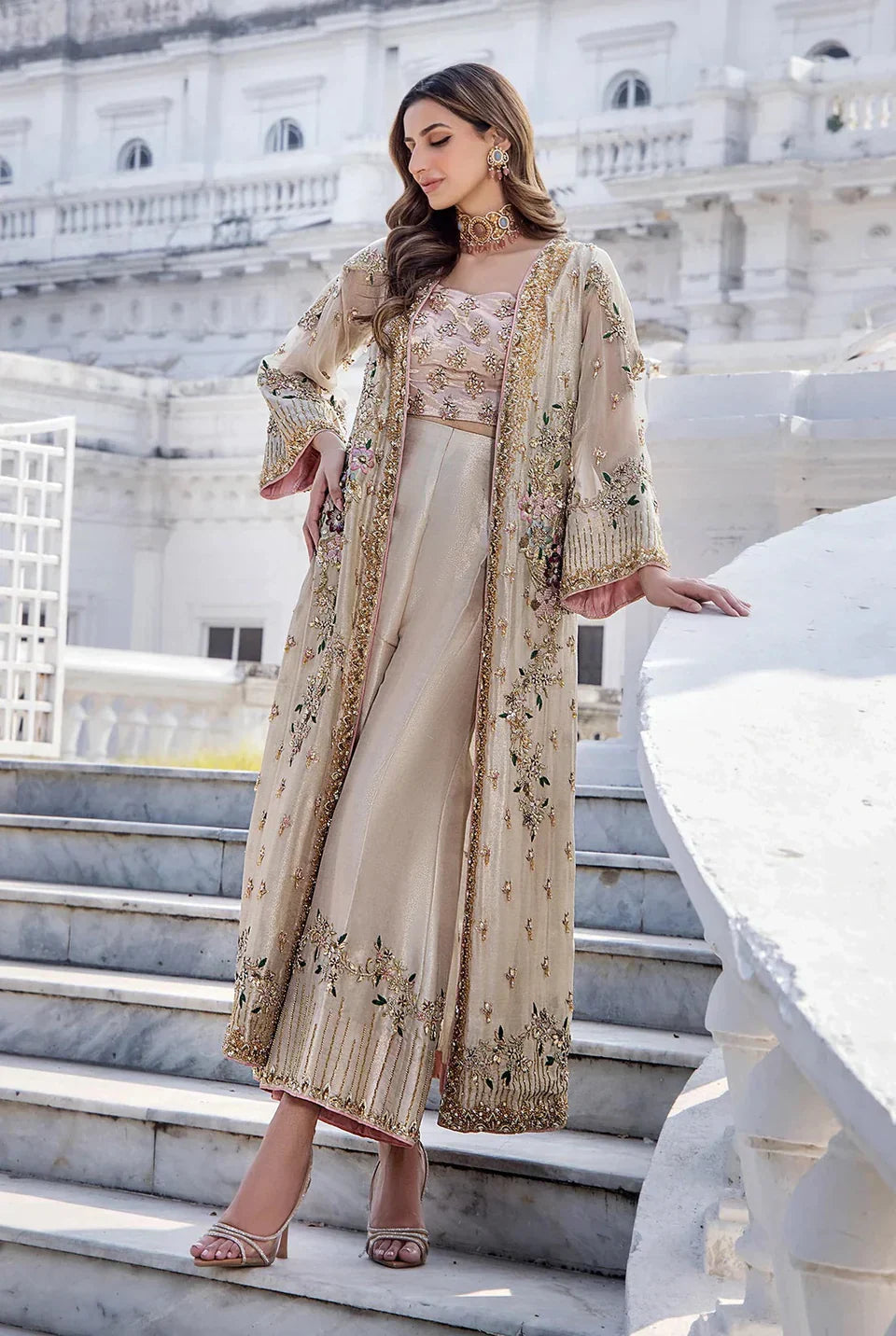 full length view of shano embroidered suit showing complete outfit