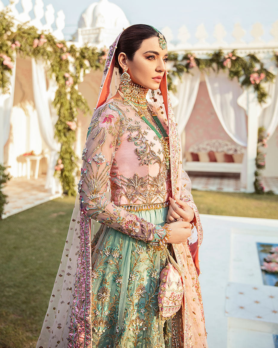 Gulaal Joli luxury rajkumari lehenga choli front view
Gulaal Joli bridal lehenga choli with pink and sea green combination