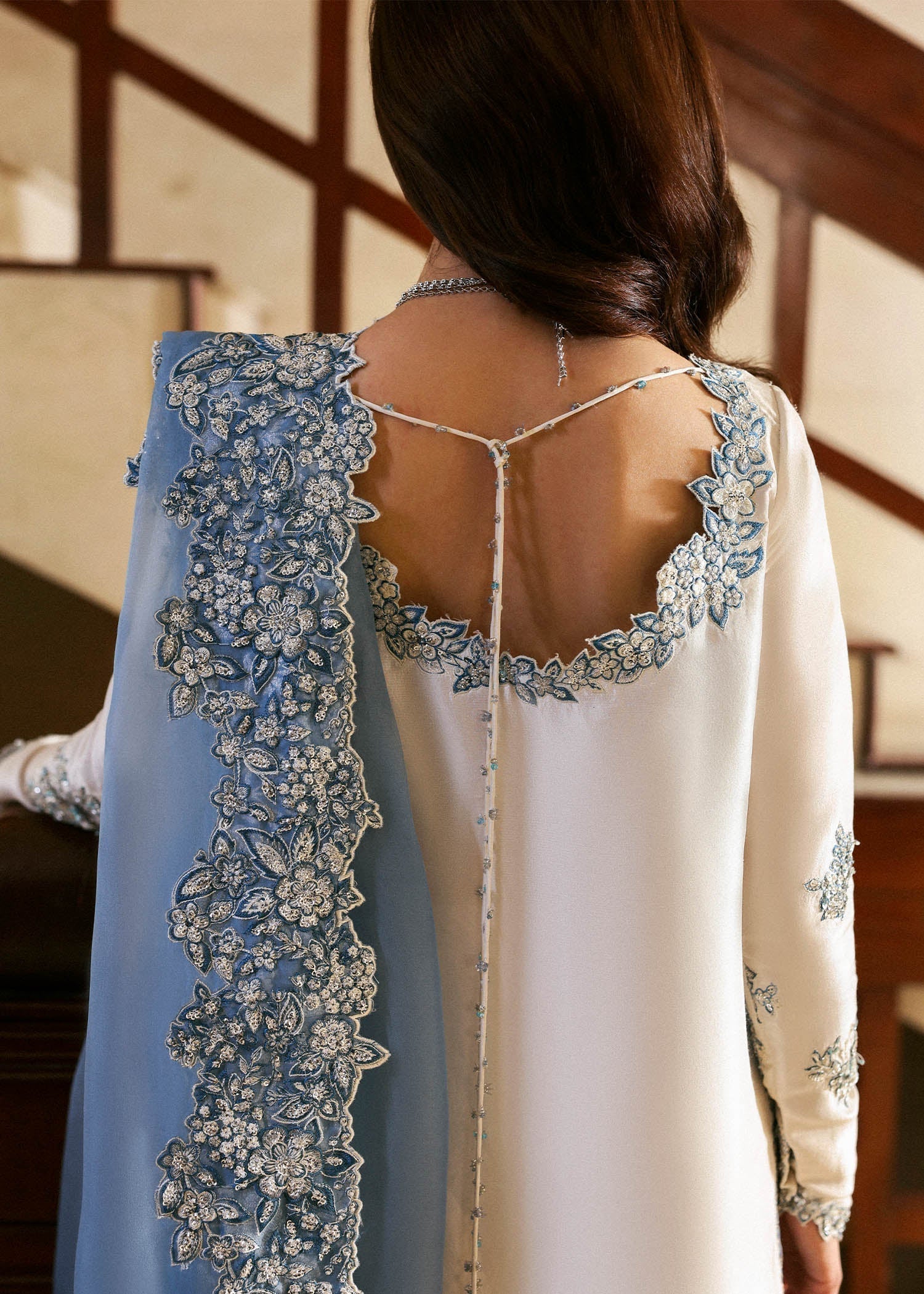 Virelle formal dress with organza dupatta floral embroidery close up
Premium Hussain Rehar Virelle outfit detailed cutwork and embellishments
Elegant Virelle formal suit ensemble full look
