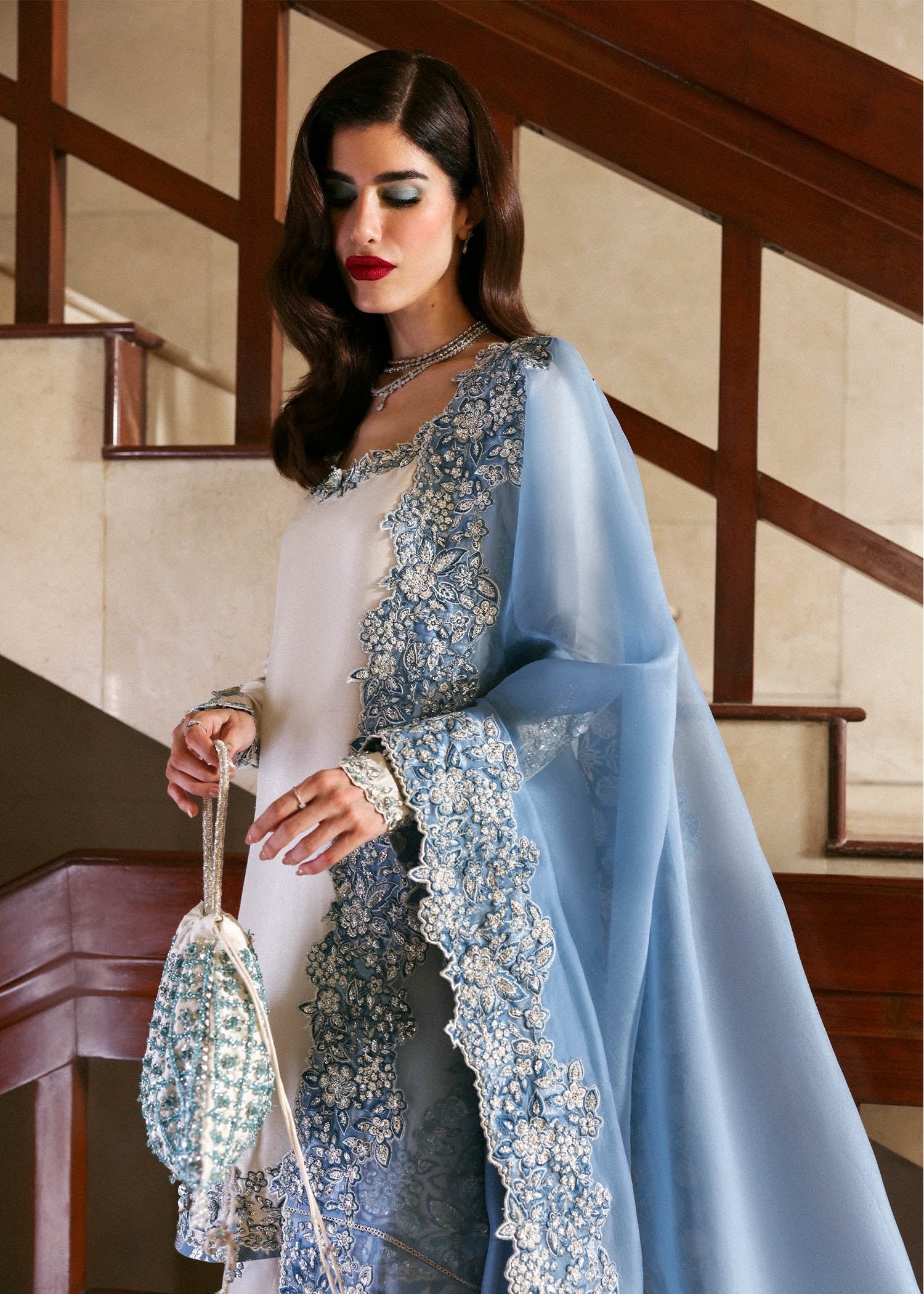 Virelle formal dress with organza dupatta floral embroidery close up
Premium Hussain Rehar Virelle outfit detailed cutwork and embellishments
Elegant Virelle formal suit ensemble full look