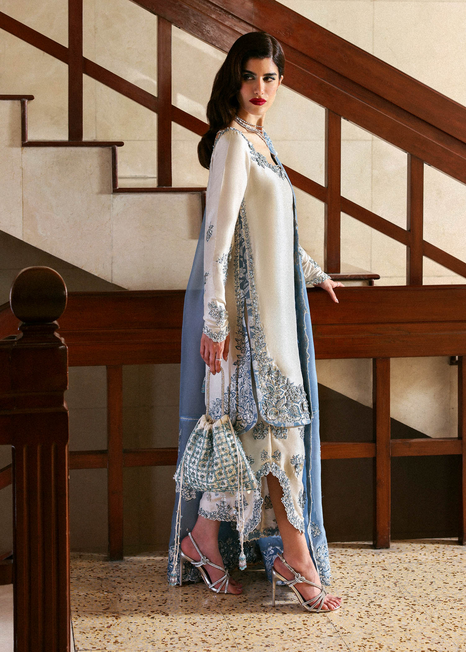 Virelle formal dress with organza dupatta floral embroidery close up
Premium Hussain Rehar Virelle outfit detailed cutwork and embellishments
Elegant Virelle formal suit ensemble full look